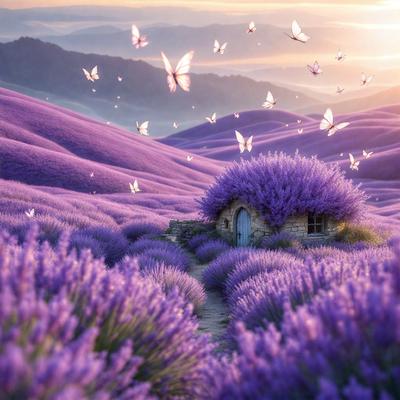 The primary subject of the image is a small purple house with a white door, surrounded by a field of purple flowers. The setting is a mountainous area with a purple sky, creating a serene and picturesque atmosphere. The visual style is a combination of photo and digital art, giving the image a unique and artistic appearance. The dominant colors are purple and white, with the purple flowers adding a vibrant touch to the scene.